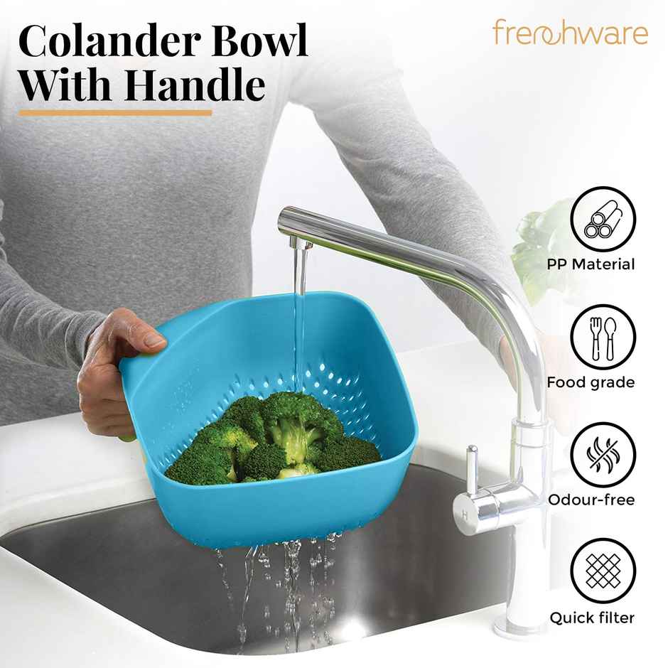 Frenchware Colander Bowl with Handle, Food-Grade Plastic, BPA-Free, Easy to Clean - Turquoise