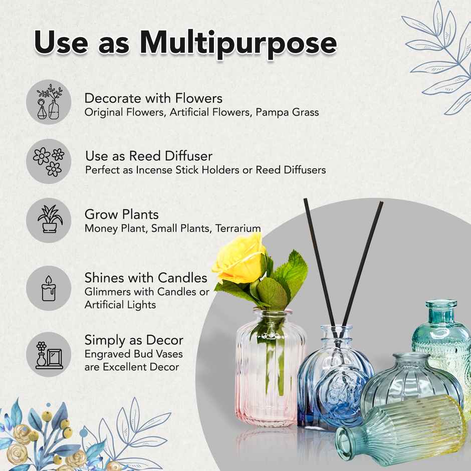 Ekhasa Crystal Clear Glass Bud Vases For Home Decor | Set Of 5 | Center Table Mini Decorative Items