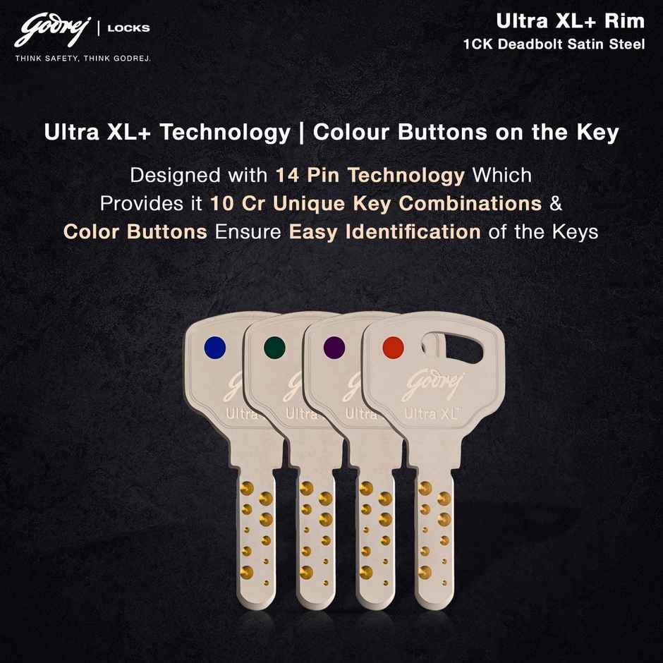 Godrej Rim Lock Ultra XL+ Deadbolt 1Ck | For Wooden Main Doors | Satin Nickel Finish