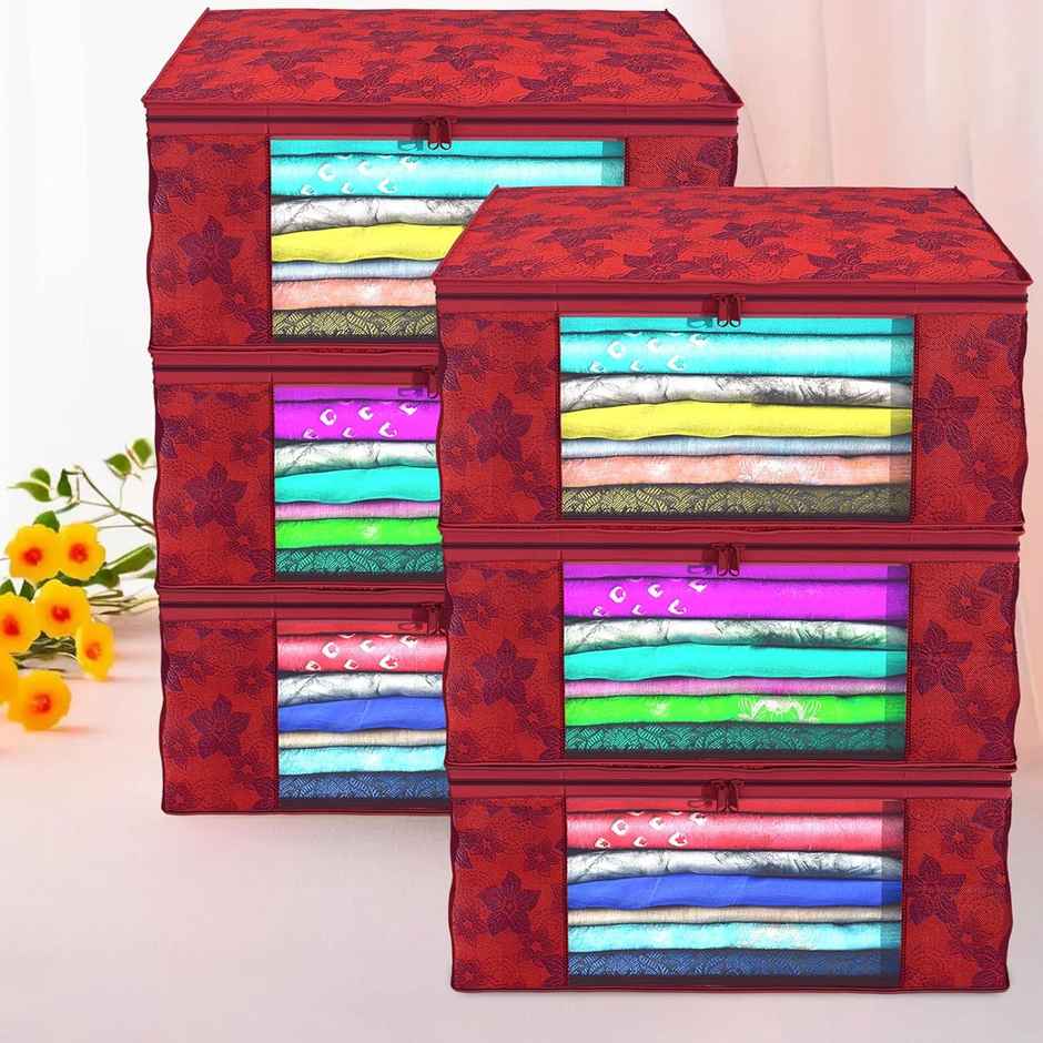 Kuber Industries Non Woven Metalic Print 6 Pieces Transparent Window Saree Cover (Red)