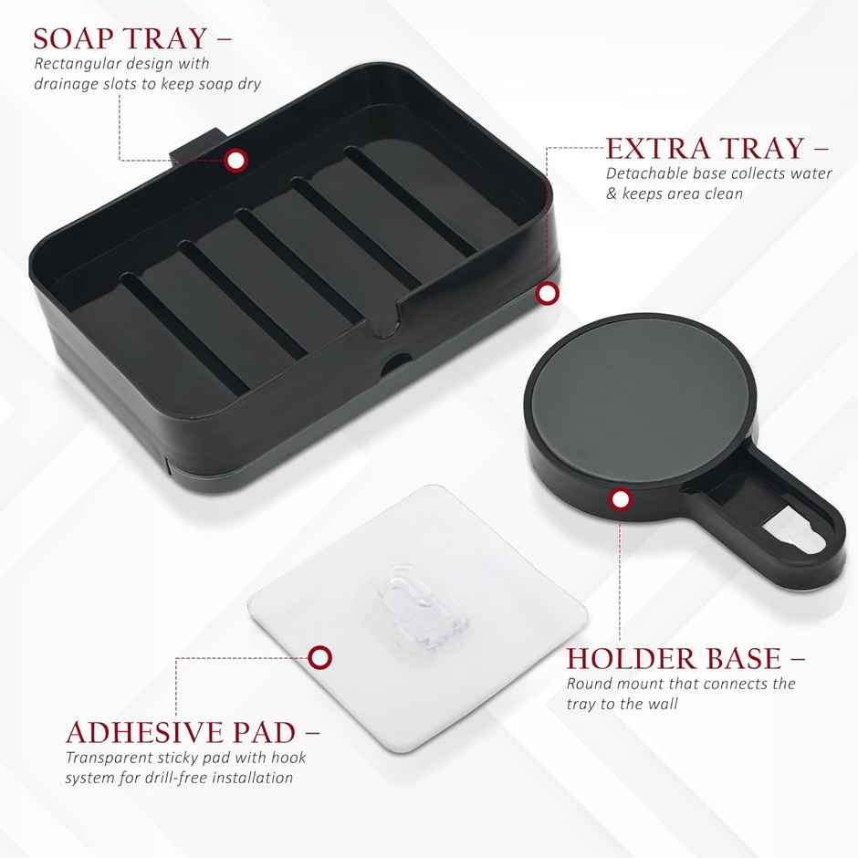 Zedak 2-in-1 Shelf Adhesive Bathroom Plastic Soap Case/ Holder | Black