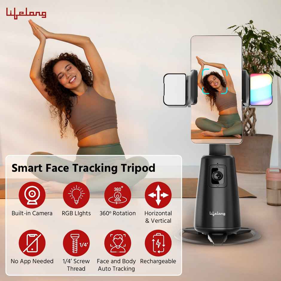 Lifelong Auto Face Tracking Tripod | 360 Rotation Mobile Stand for Video Recording | Rechargeable