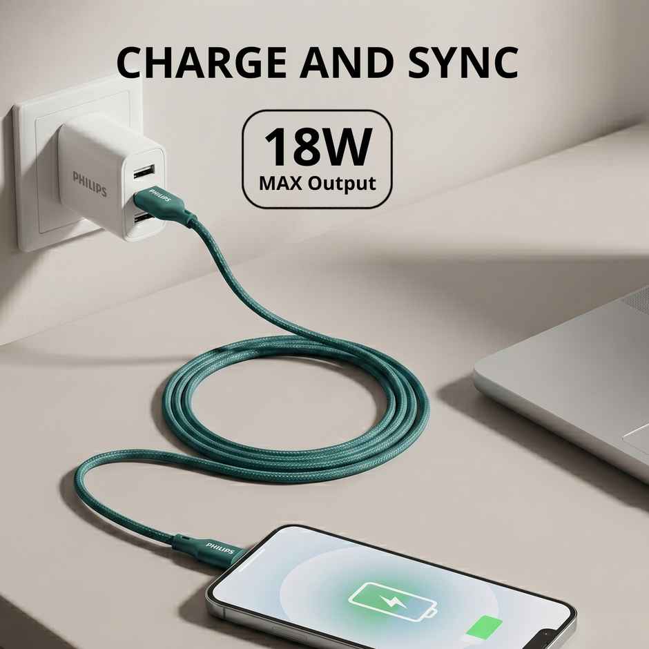 Philips 18W USB A to Type C Fast Charging Cable | DLC4130AT94 | Crystal Teal | 1 m
