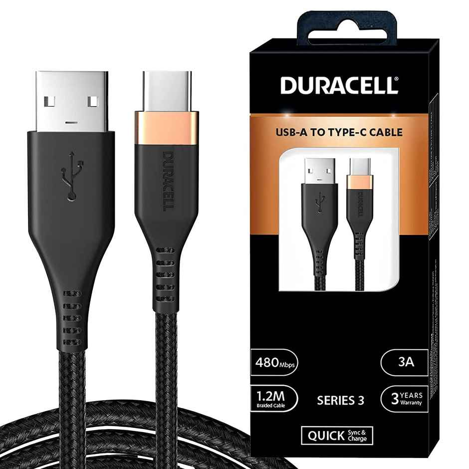 Duracell USB-A To Type C, 65W Braided Sync & Fast Charging Cable, 3.9 Feet (1.2M), QC 2.0/3.0 Ultra Fast Charging, For Samsung, Mi, Realme, OPPO, ONE PLUS, Seamless Data Transmission, Series 3 - Black