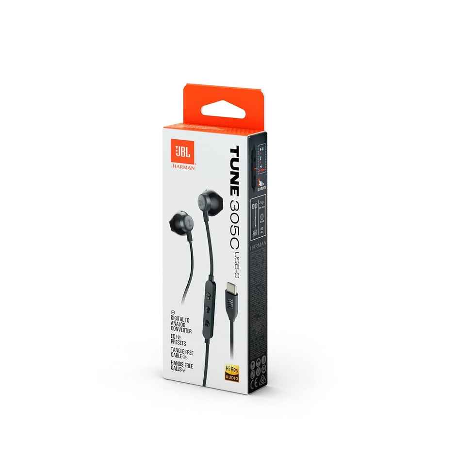 JBL Tune 305 Wired In-Ear Type C Headphones, Hi-Res Audio With Digital-To-Analog Converter (Black)