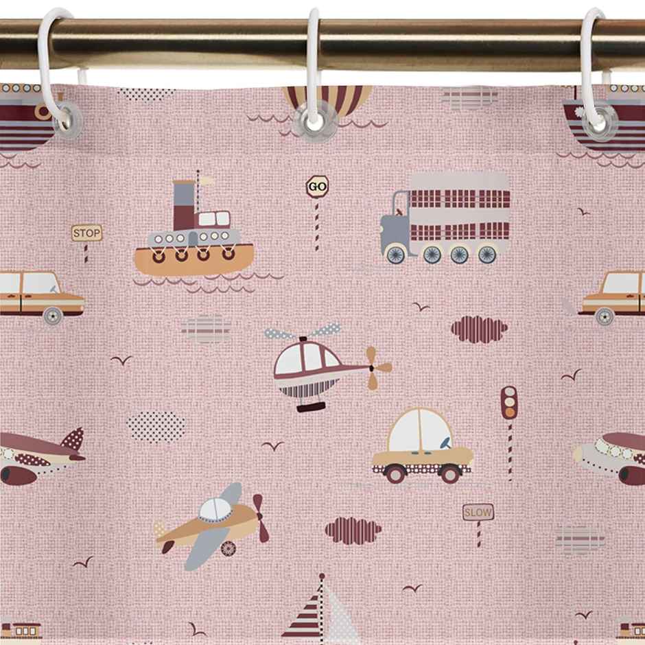 Lushomes Shower Curtain - Kids Printed Pink Travel | 12 Eyelets | 12 Hooks | 6 x 6.5 ft