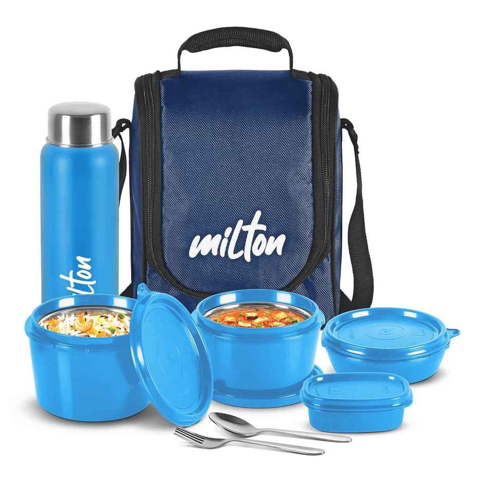Milton Pro Lunch Box (3 Inner Steel Containers, 1 Plastic Dabba, Bottle, & Spoons) With Bag, Blue