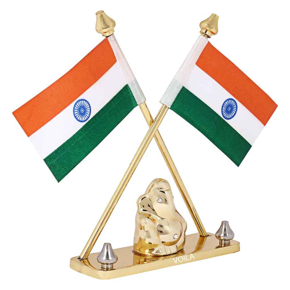 Voila Pair Indian Flag With Lord Ganesha Idol For Car Dashboard - Brass Metal Stand