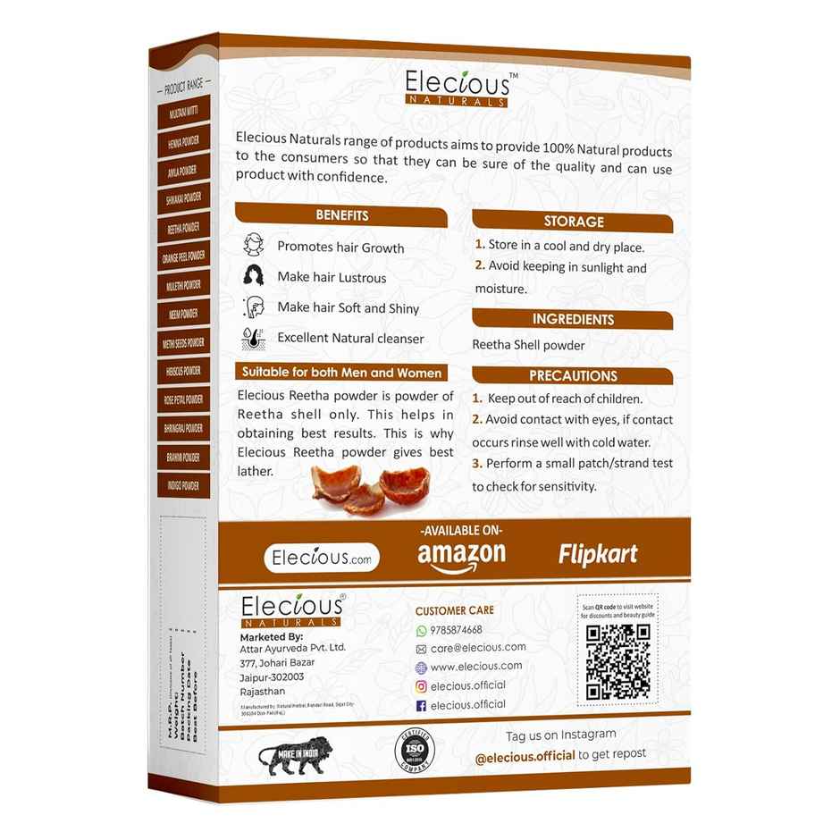 Elecious Pure Reetha Powder for Hair | Ideal for Hair, Face and Skin