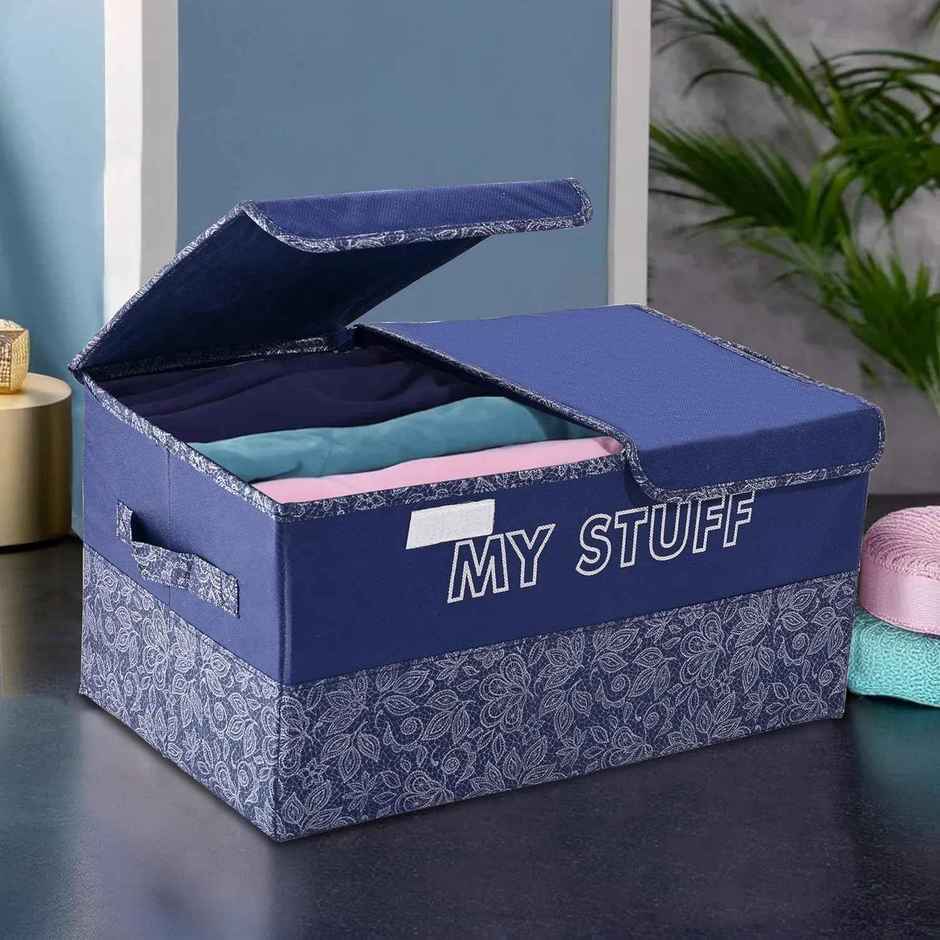 Kuber Industries 2 Compartments Foldable Double Lid Large Wardrobe Organizer | Navy Blue