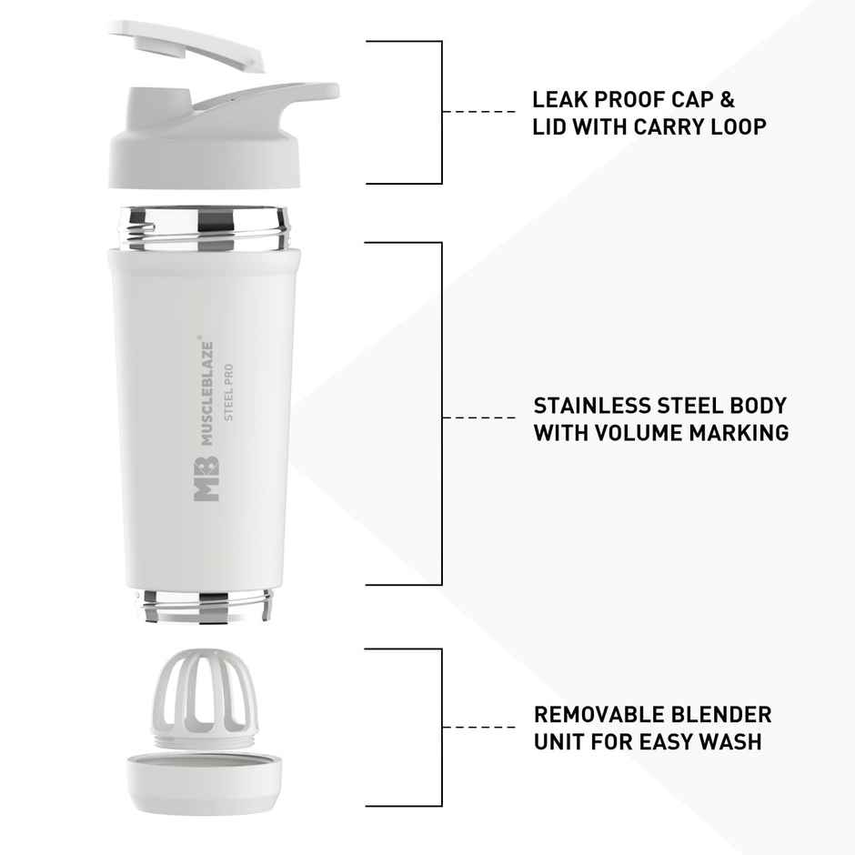 MuscleBlaze Stainless Steel Gym Shaker Pro - White