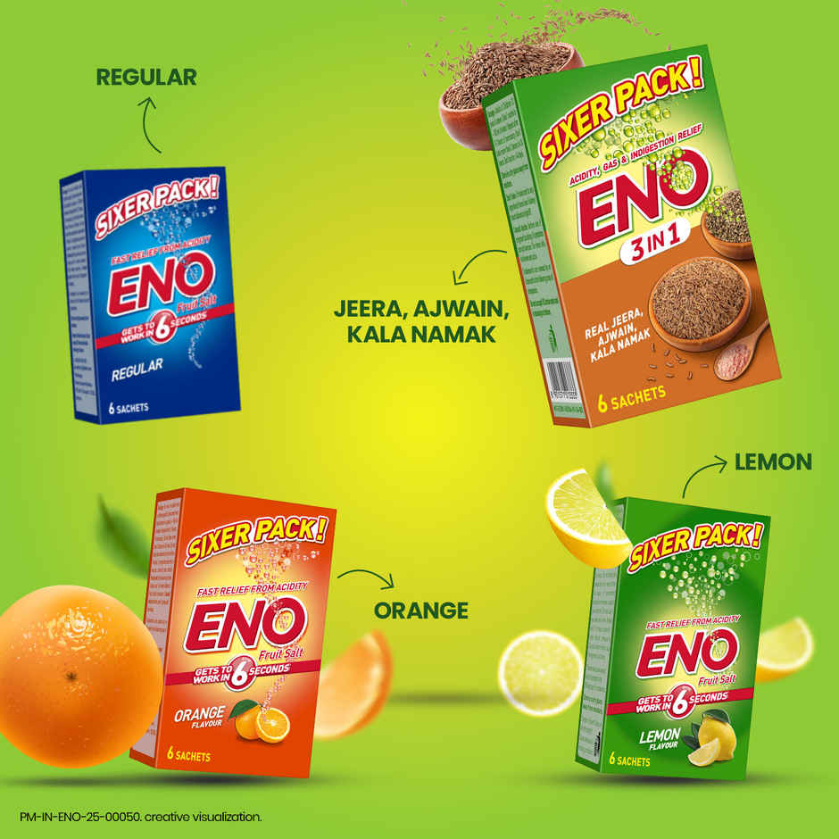 ENO 3 in 1 (Real Jeera, Ajwain & Kala Namak) for Fast Acidity Relief -Pack of 6 Sachets
