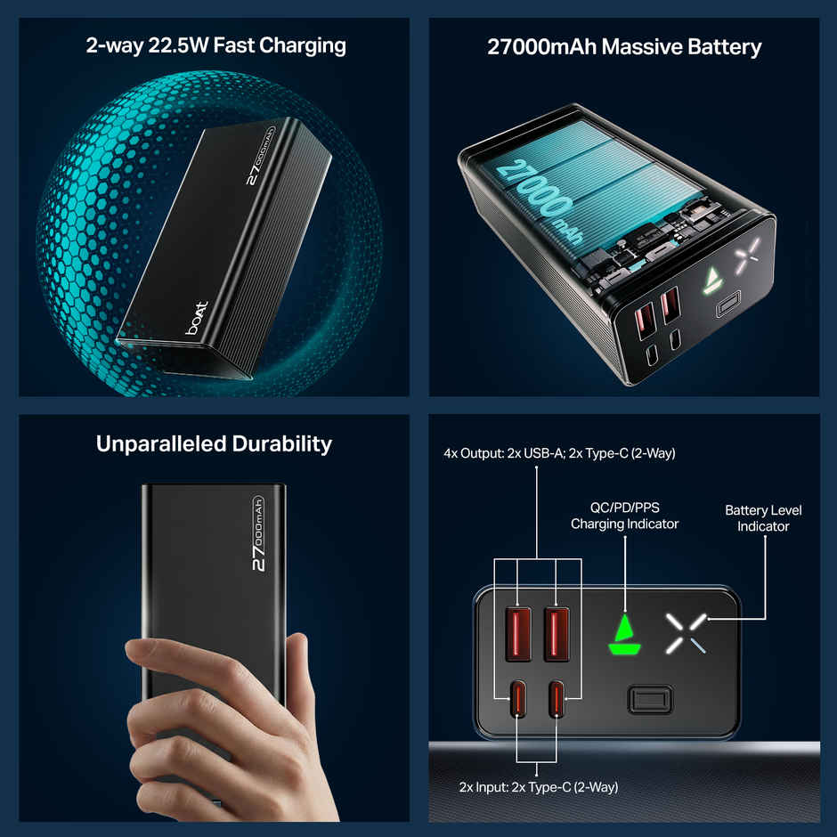 boAt Energy Shroom PB600 27000mAh Powerbank | 22.5W Fast Charging | 2X & 4X Output Port Onyx | Black