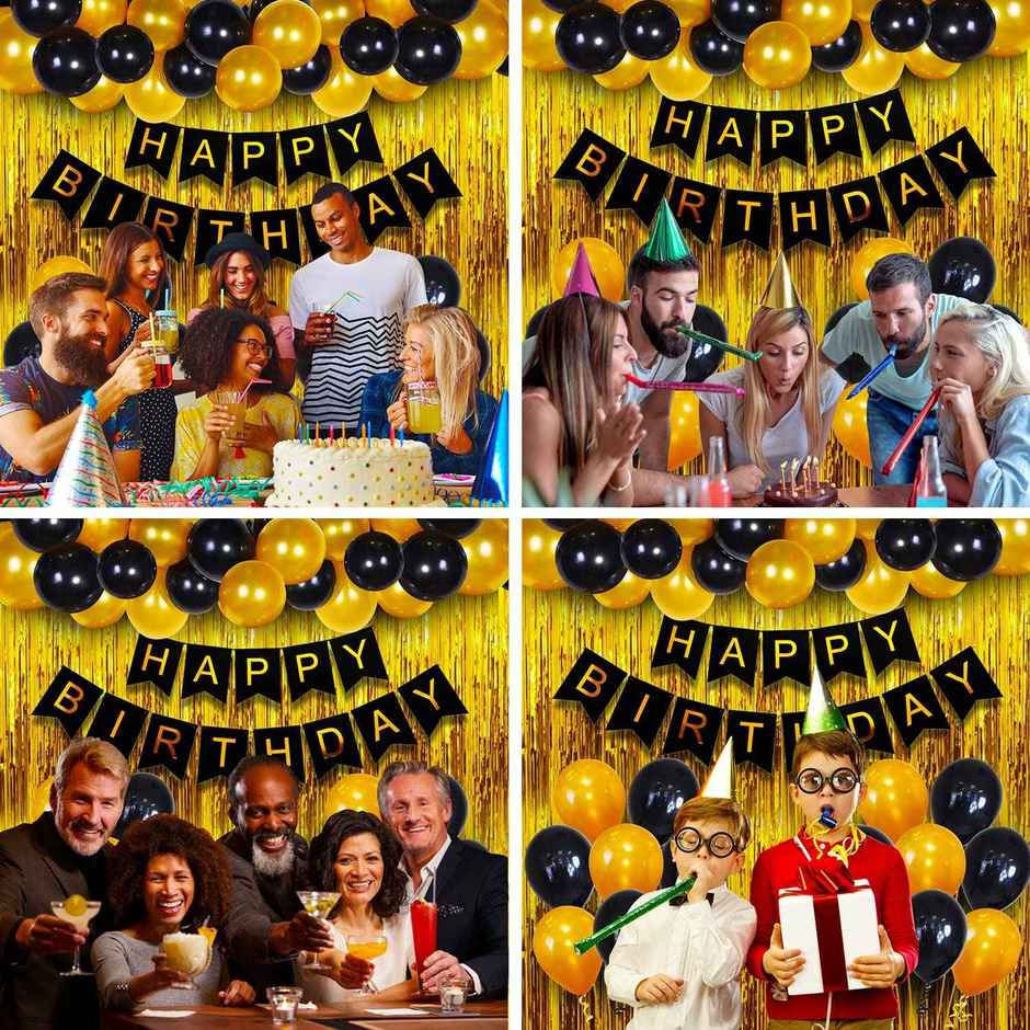 Birthday Decoration Items Kit | 1 pc Banner, 32 pcs Balloons and 1 pc Foil Curtain | Party Propz