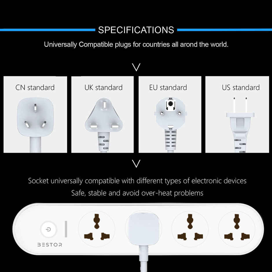 Bestor VoltEdge Extension Board 1500W Power Converter with 4 Universal Sockets, 1.5M Cord, Master Switch, LED Indicator, Child Safety Shutter, 3-Pin Multi Plug for Home Appliances - White