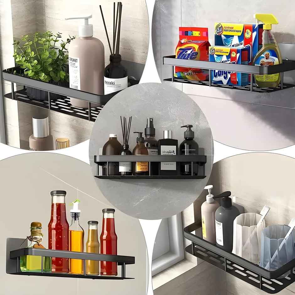 Perpetual Adhesive Aluminium Bathroom Shelf | Wall Rack for Kitchen/Bath | 2 Pcs | Black