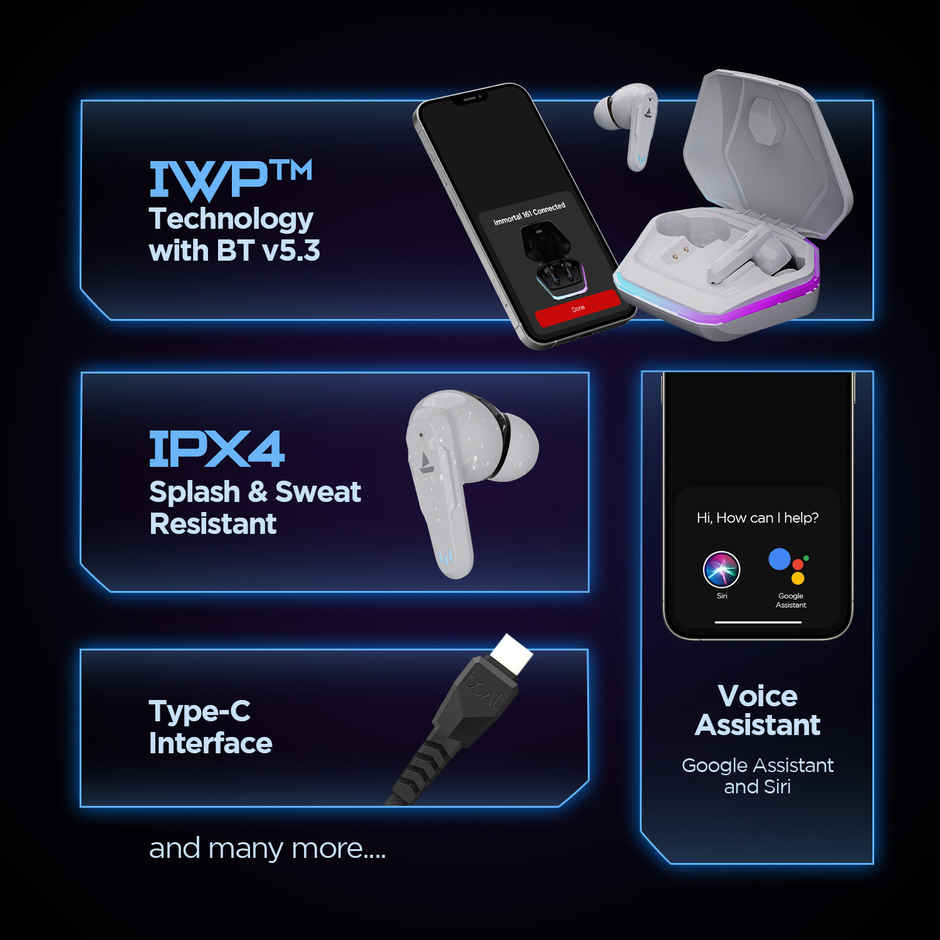 boAt Immortal 161 TWS Earbuds for Gaming w/ 40H Playtime, BEAST Mode & RGB LEDs (White Sabre)