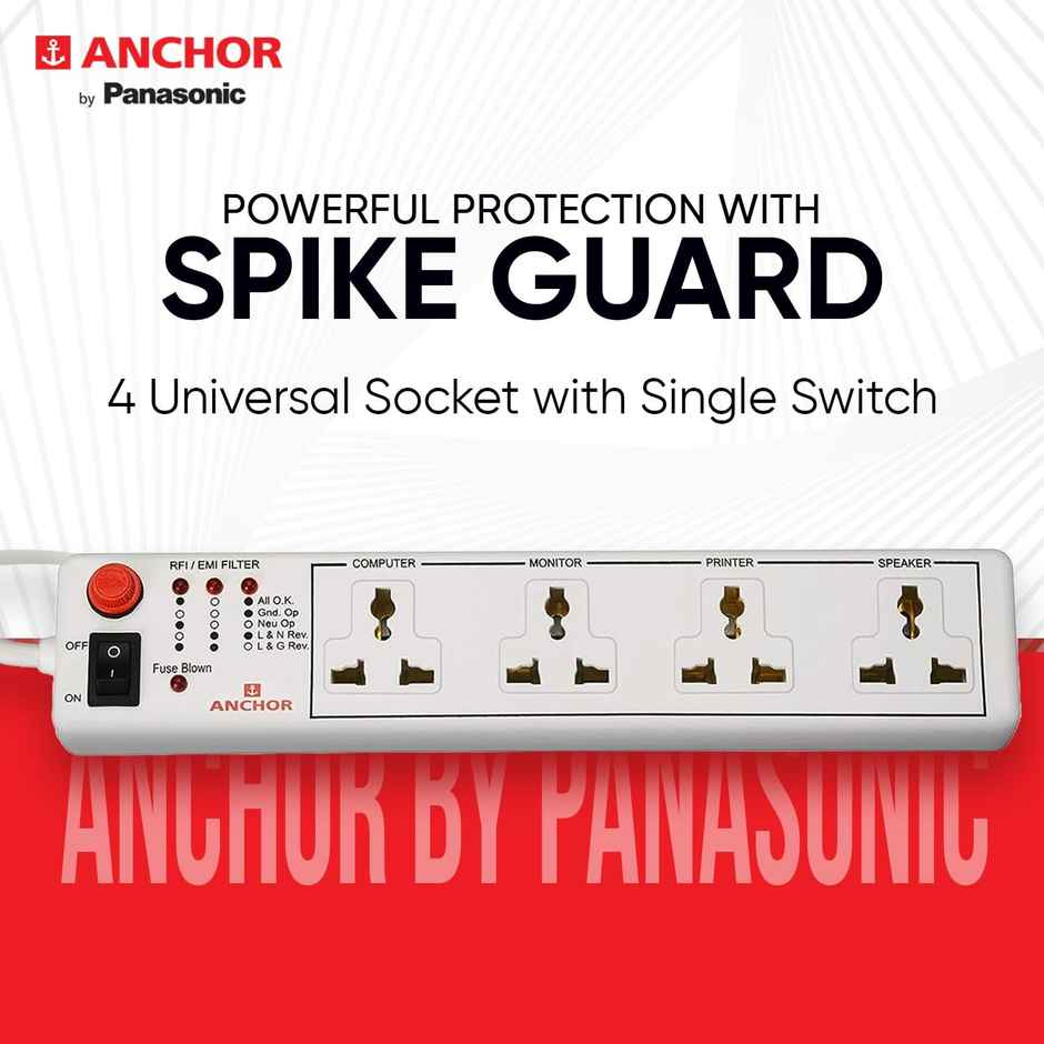 Panasonic 6 Amp 4 Way Universal Socket With Single Switch, 22047, White