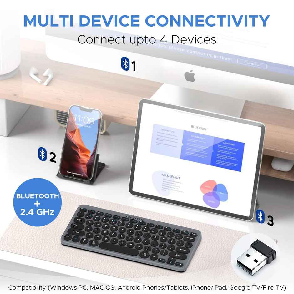 Amkette Optimus Bluetooth 4 In 1 Multi Device Wireless Keyboard/Bluetooth Keyboard | One Click Device Switching and AI Access for Windows, MacOs, Android and iOS, Dual OS Layout - Grey