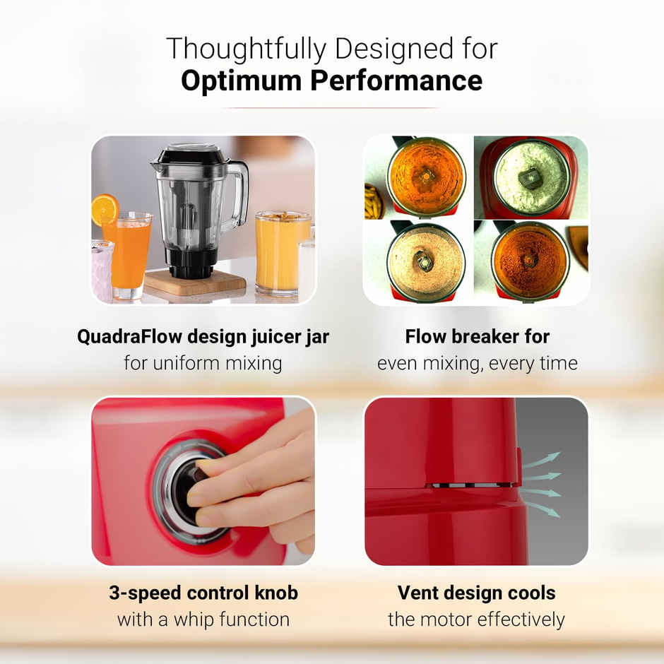 V-Guard Brillio 750 W Powerful Mixer Grinder | Stainless Steel Blades | Red