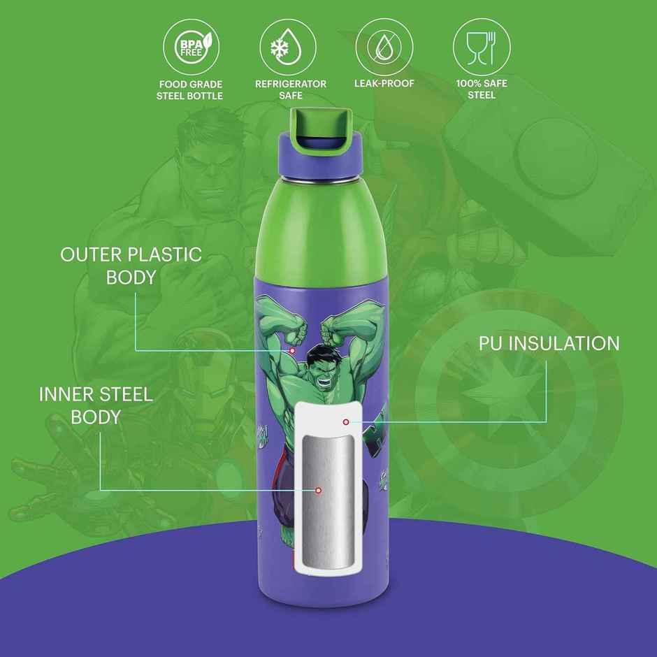 CELLO Kidzbee Uranus 600 Hulk Smash Water Bottle 540ml, Purple | Leakproof Flip Cap Bottle