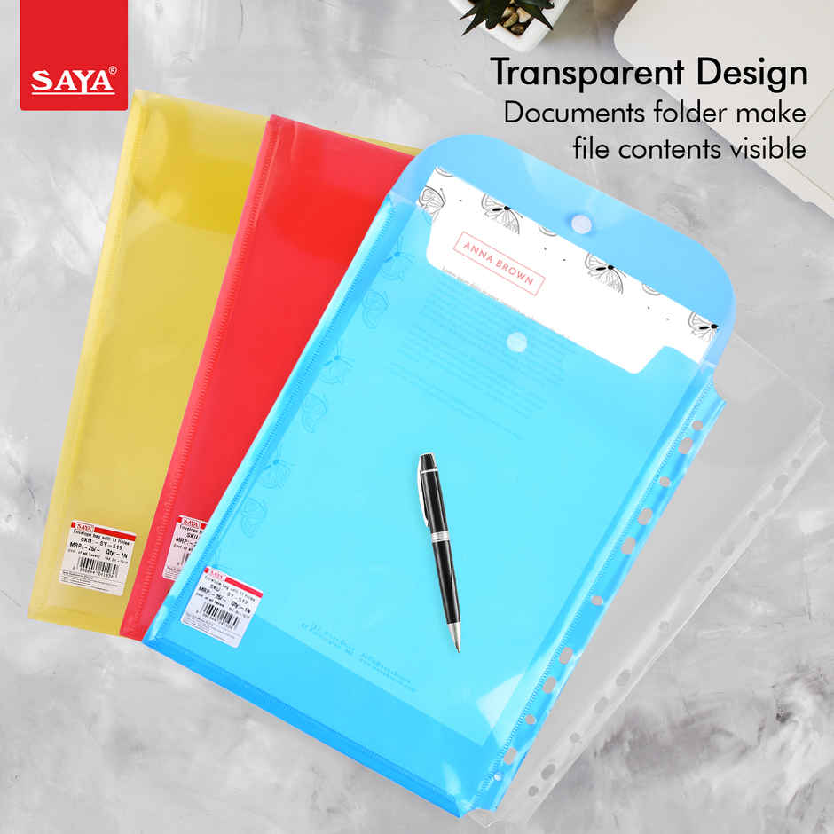 Saya Punched Document Wallet - Transparent A4 Portfolio Case for Documents | Assorted