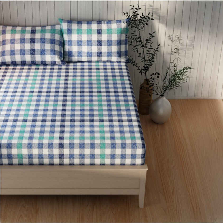 Kopa Extra Smooth Cotton Double Bedsheet With 2 Pillow Covers | Set of 3 | Lopez Checks | Blue