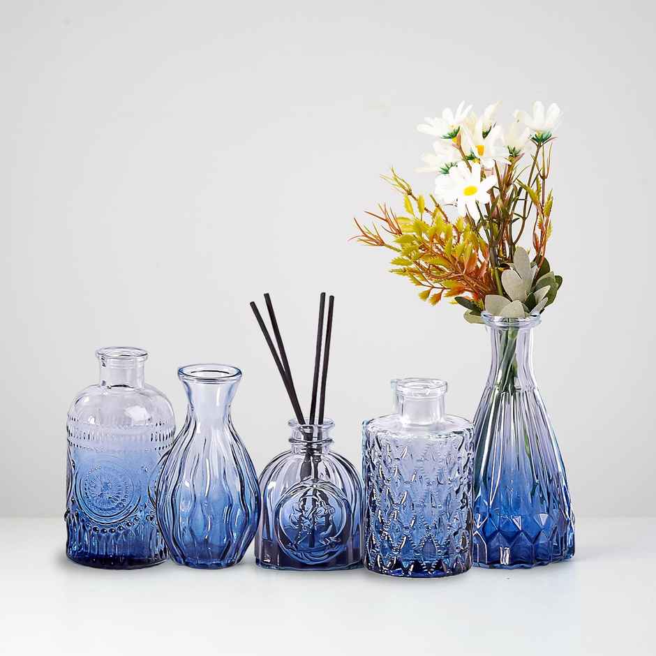 Ekhasa Crystal Blue Glass Bud Vases Flower Pots For Home Decoration | Set Of 5