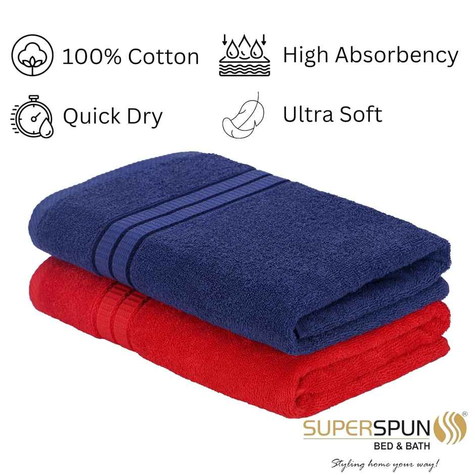 Superspun 100% Cotton- 420 Gsm- Vodre- Two Piece Set- Bath Towel- Size:70 x 140 - Navy Blue & Red
