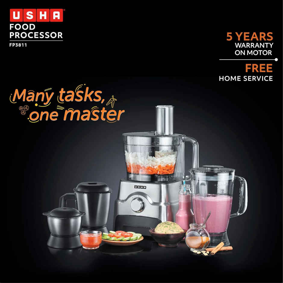 Usha Food Processor 3811 | 1000W Copper Motor | 3 Jars | Centrifugal Juicer | SS Finish - Black