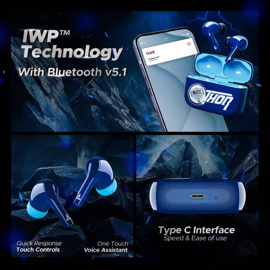 boAt Airdopes 161 Thor Edition TWS Earbuds with 40 HRS Playback, ASAP Charge & IPX5 Rating Bluetooth - Electric Blue