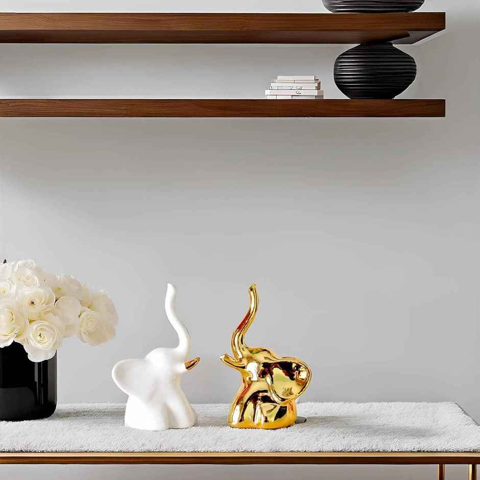 TIED RIBBONS Elephant Showpiece | White & Golden - 4.5 in x 2.7 in