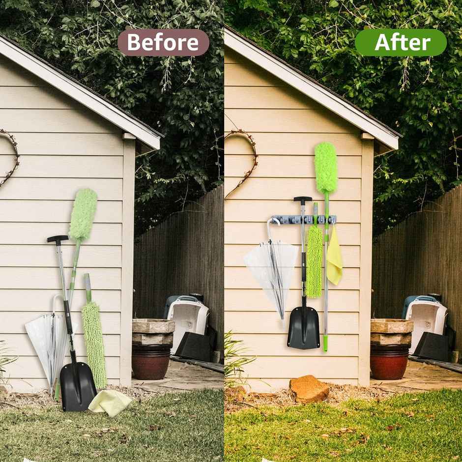 Urbanfix Bulfyss Mop & Broom Holder | Wall Mounted 4 Slot with 5 Hook Cleaning Supplies Organizer