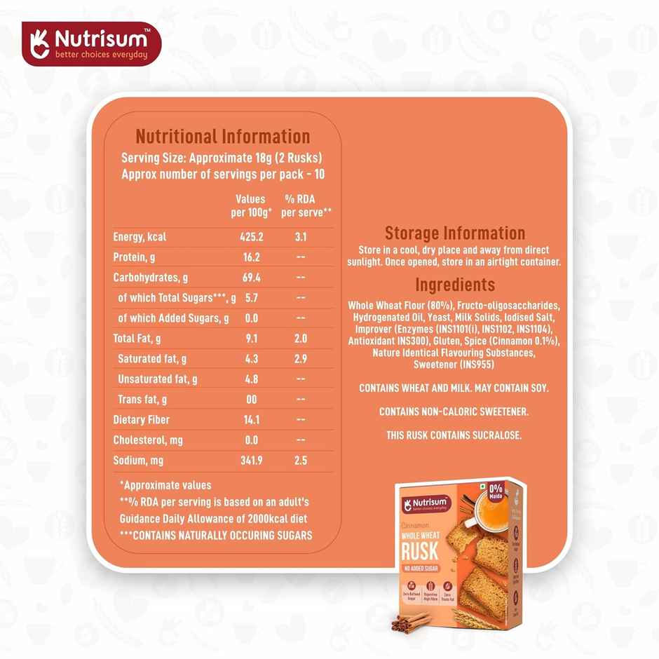 Nutrisum Whole Wheat Rusk - No Added Sugar- Cinnamon