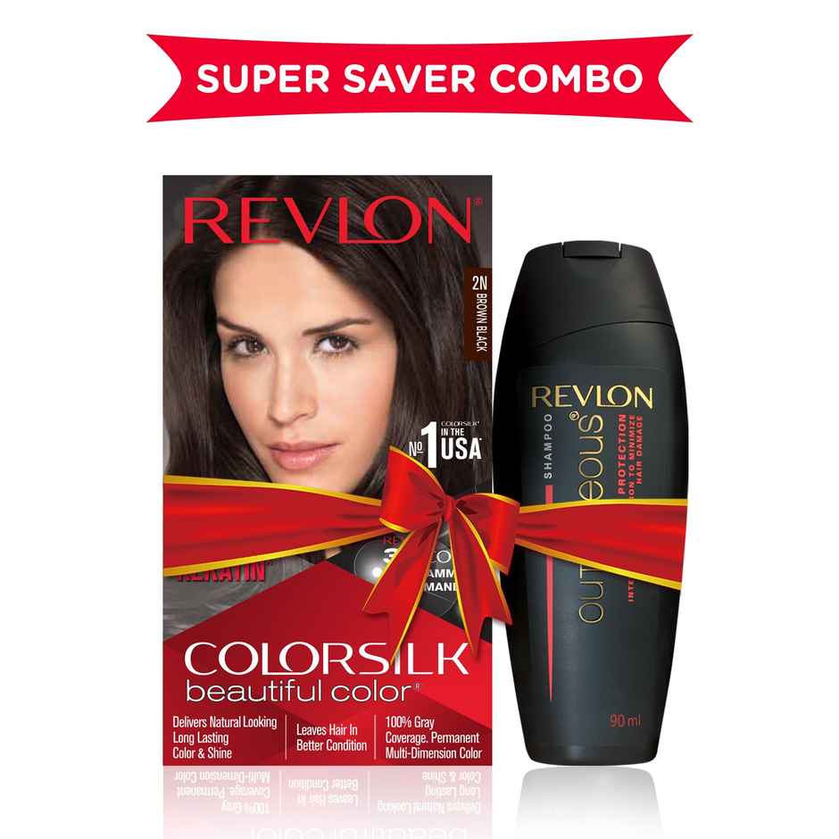 Revlon ColorSilk Hair Color with Keratin - 2N Brown Black - (with Outrageous Shampoo 90 ml)
