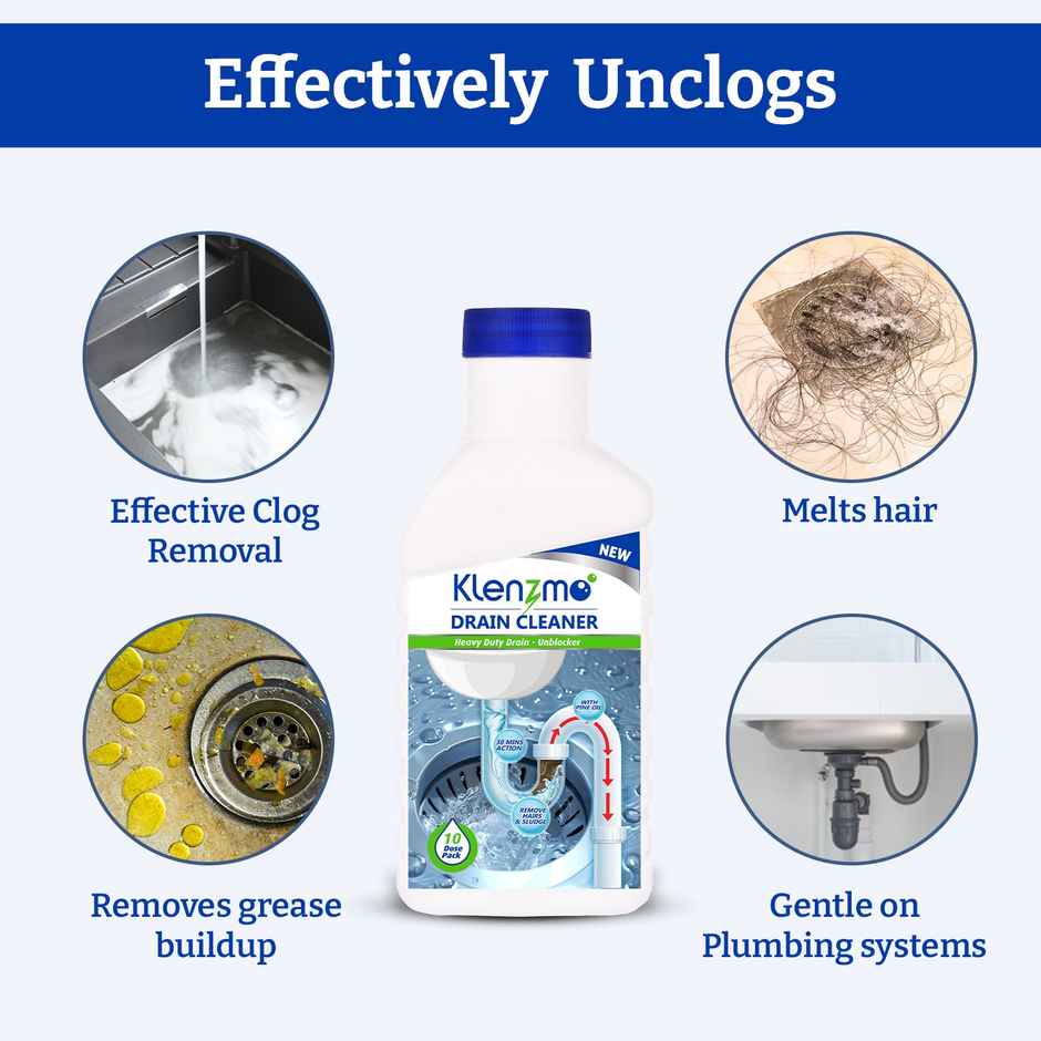 Klenzmo Drain Cleaner Liquid | 10 Doses Removes Blockages In Pipes, Sinks & Septic Tanks