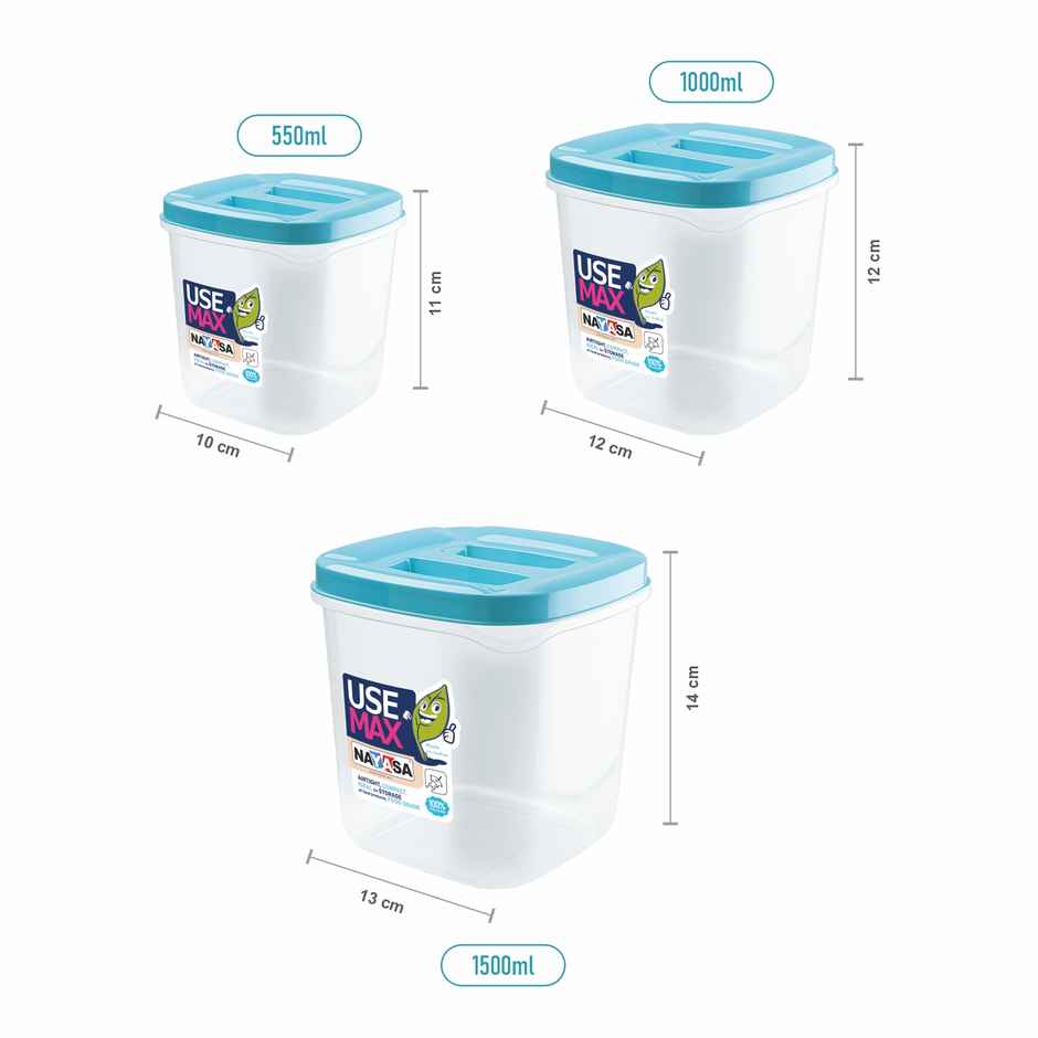Nayasa Use Max Container Set | Airtight & BPA Free |Blue - 550 ml x 3, 1000 ml x 3, and 1500 ml x 3