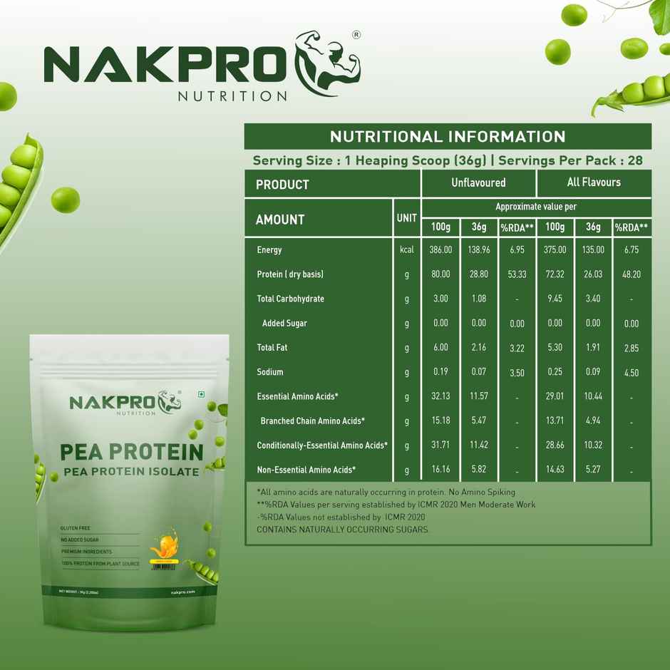 Nakpro 100% Pea Protein Isolate Mango - 26G Protein 4.9G Bcaa