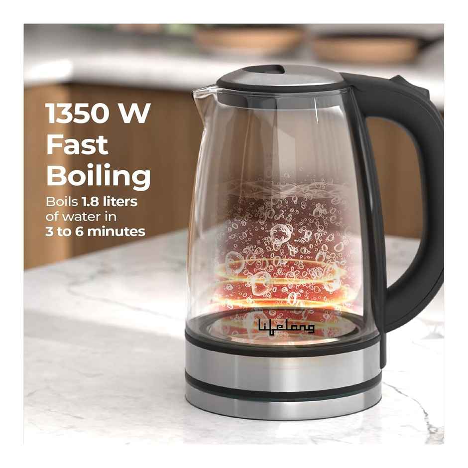 Lifelong Glass Kettle, 1350W, LED light Borosilicate, Auto Shut-Off, Cool Touch | Black - 1.8 L