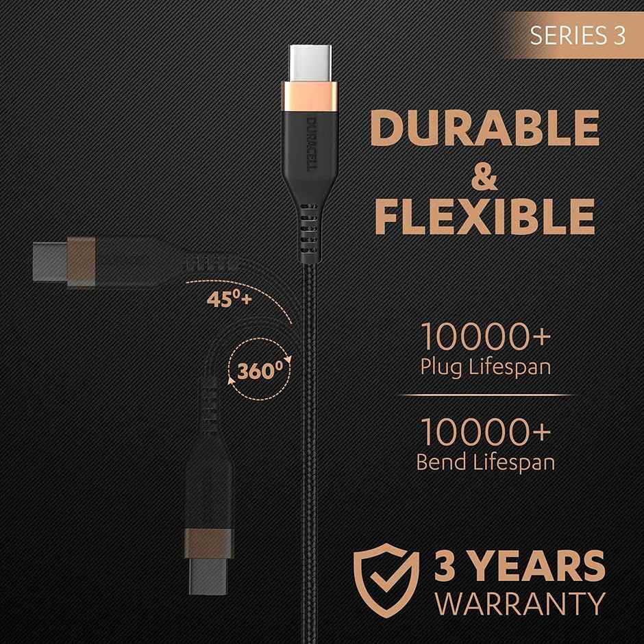 Duracell USB-A To Type C, 65W Braided Sync & Fast Charging Cable, 3.9 Feet (1.2M), QC 2.0/3.0 Ultra Fast Charging, For Samsung, Mi, Realme, OPPO, ONE PLUS, Seamless Data Transmission, Series 3 - Black