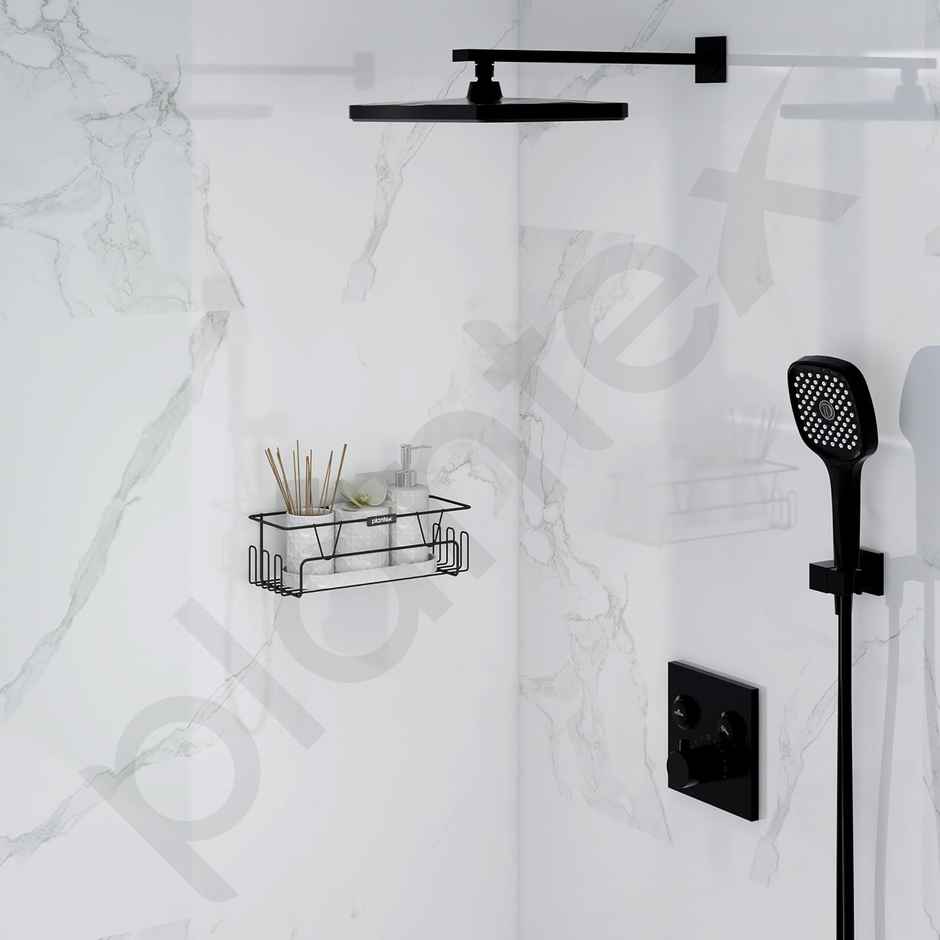 Plantex GI Steel Self-Adhesive Bathroom Shelf Organizer with Hooks - Black Powder Coated