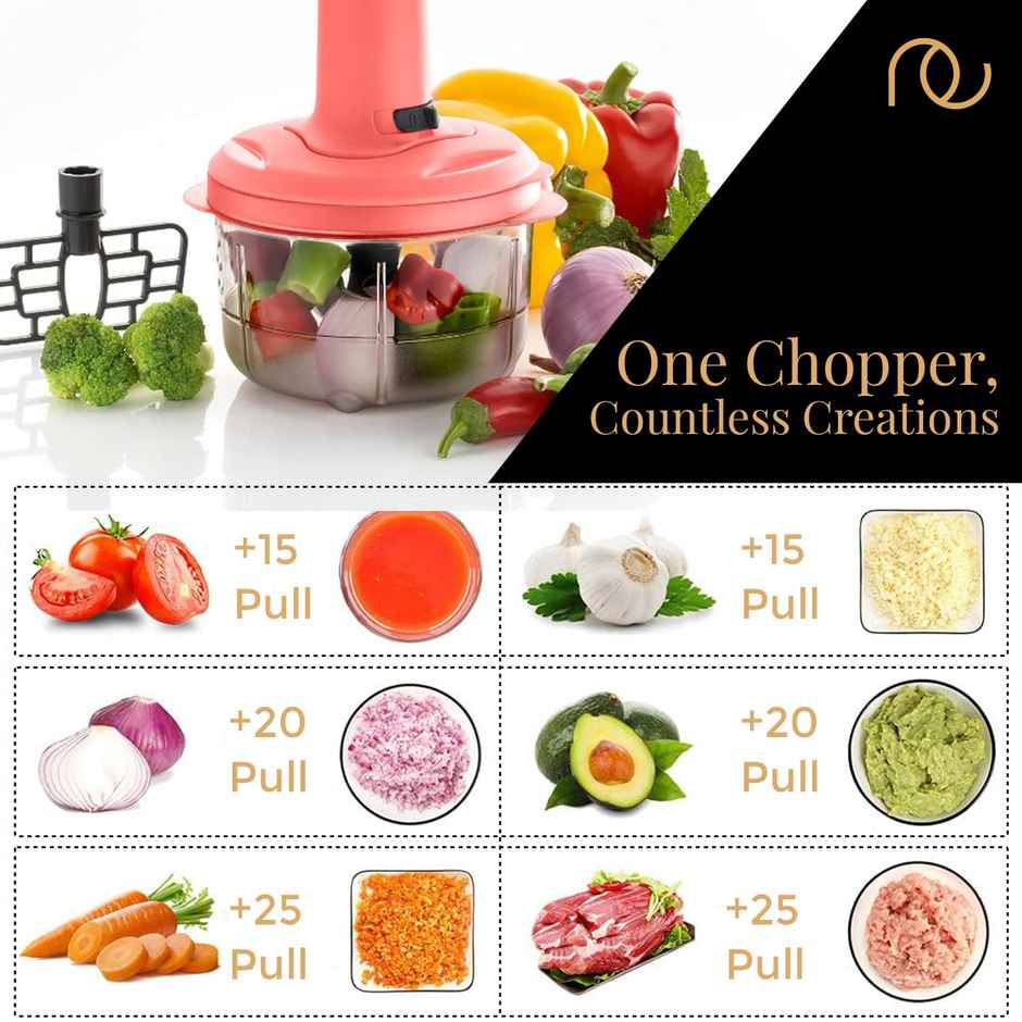 Frenchware Multipurpose Vegetable Push Chopper with 3 Blades, Handy & Compact - Peach & Black