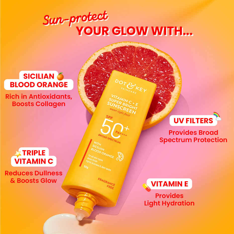 Dot & Key Vitamin C + E Face Sunscreen SPF 50 PA+++ For Glowing Skin, 100% No White Cast