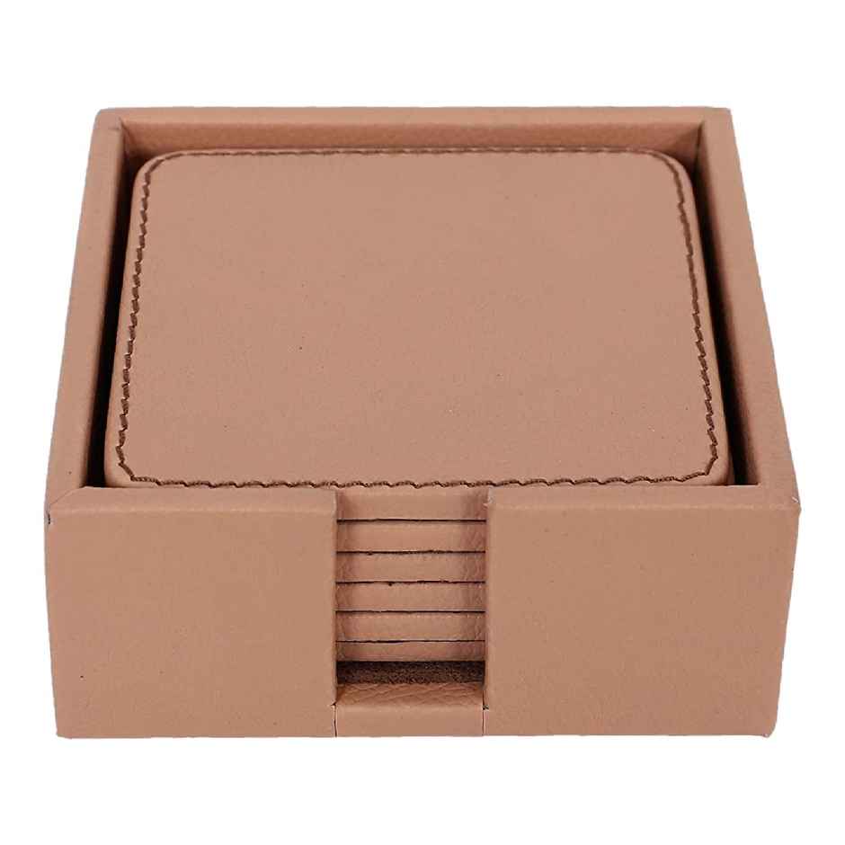 Kuber Industries Tea Coaster|Soft Leather Heat Insulation Tabletop Coasters Set of 6 | Light Brown