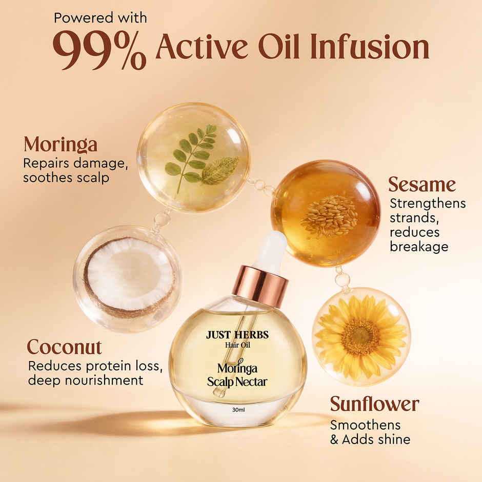 Justherbs Moringa Scalp Nectar Hair Oil | 99% Active Oil Infused | For Men & Women