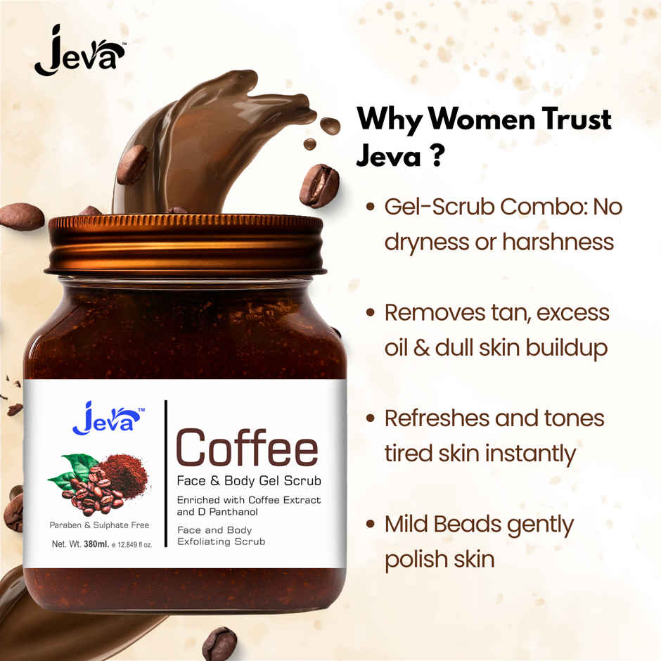 Jeva Coffee Face & Body Exfoliating Gel Scrub | Removes Dead Skin & Dullness