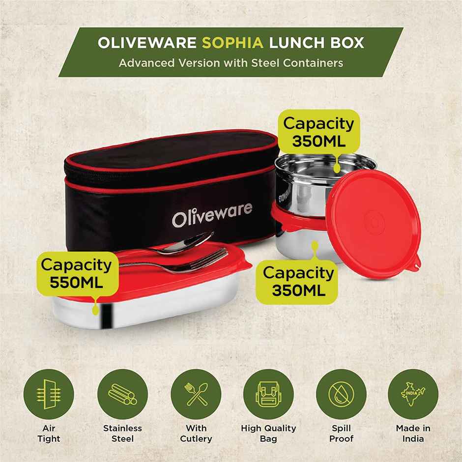 Oliveware Sophia Lunch Box, 3 Stainless Steel Container with BPA Free Lids and Steel Cutlery- Red