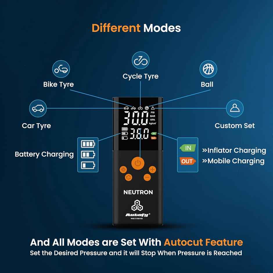 Autofy Neutron Cordless Tyre Inflator Rechargeable No Fuel Use - 4500Mah Powerbank