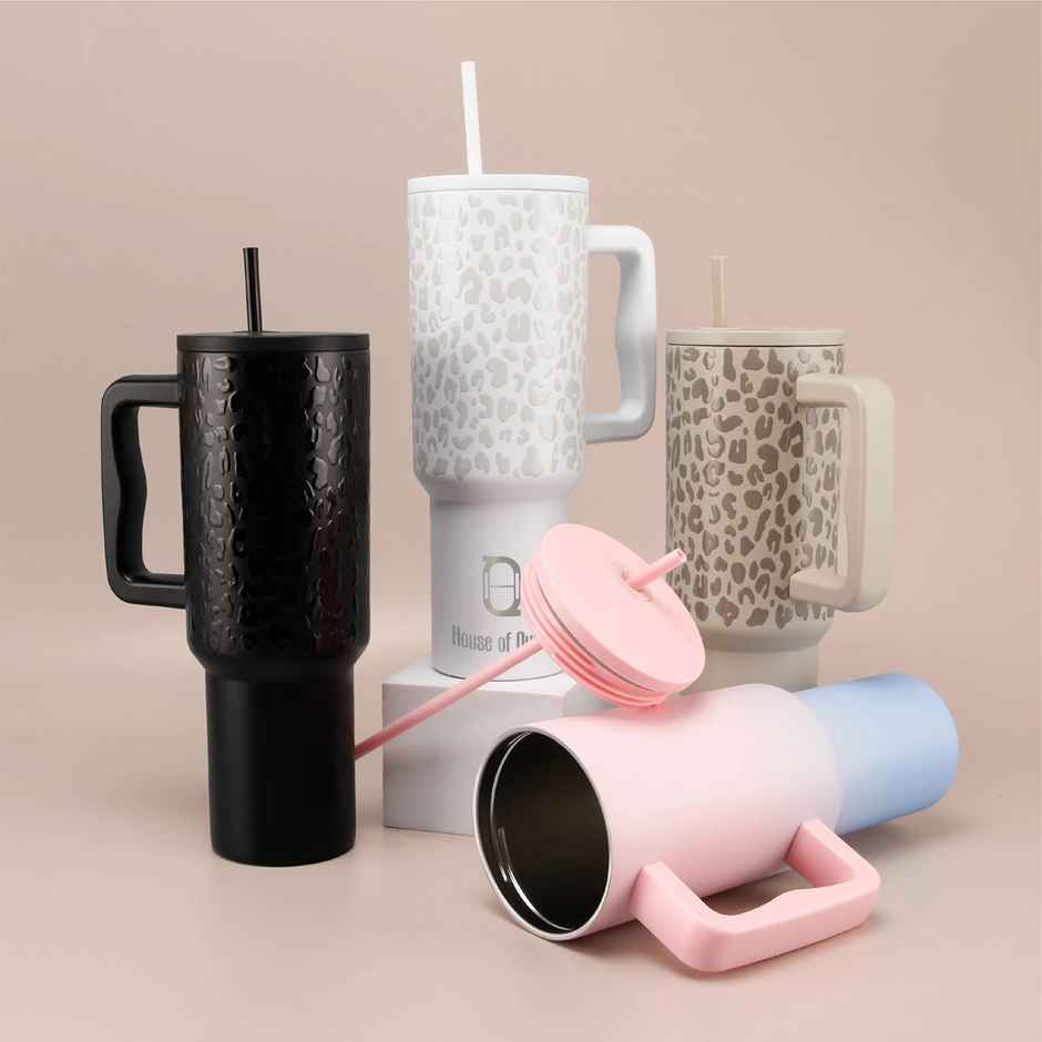 House of Quirk Stainless Steel Tumbler with Handle & Lid, 2 Straws | Terquise - 1200 ml