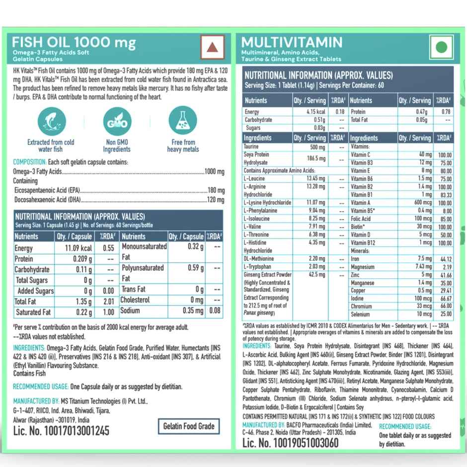 hk vitals Fish Oil &Multivitamin 60 Omega 3 Fish Oil Capsule 1000Mg 60 Multivitamin Tablet
